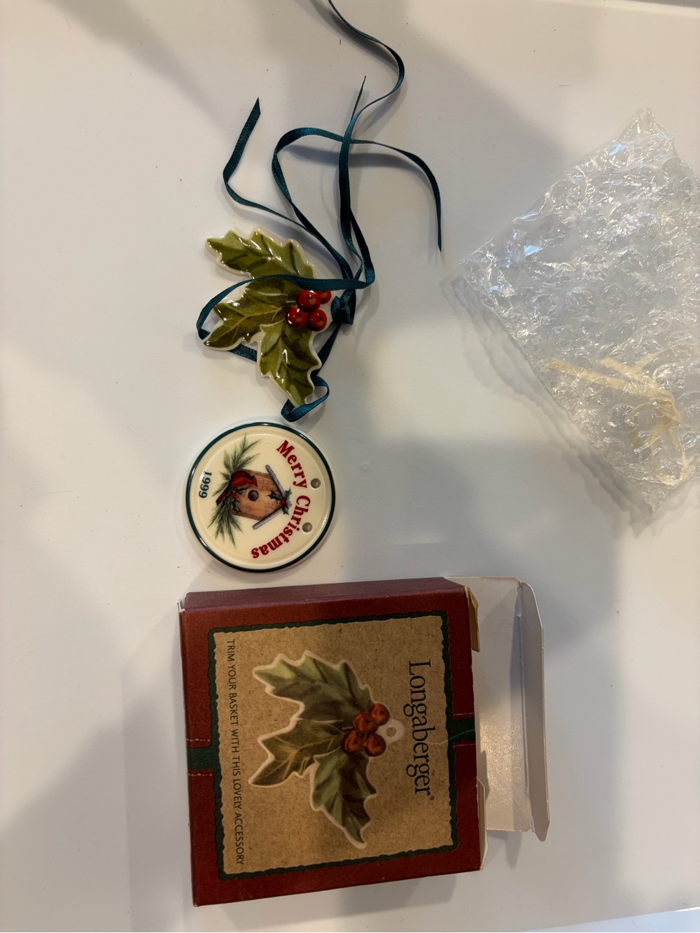 Longaberger Ceramic Holly Ornament with Red Berries and Green Ribbon
